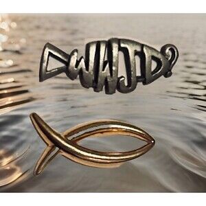 2 pin Lot - ICHTHUS Gold-tone Fish Pin and- WWJD Jesus Fish Silver tone Tie Tack